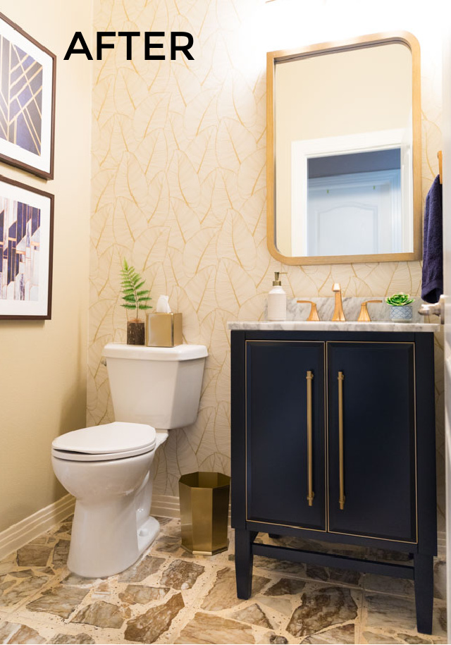 Contemporary powder room remodel with wallpaper after photo