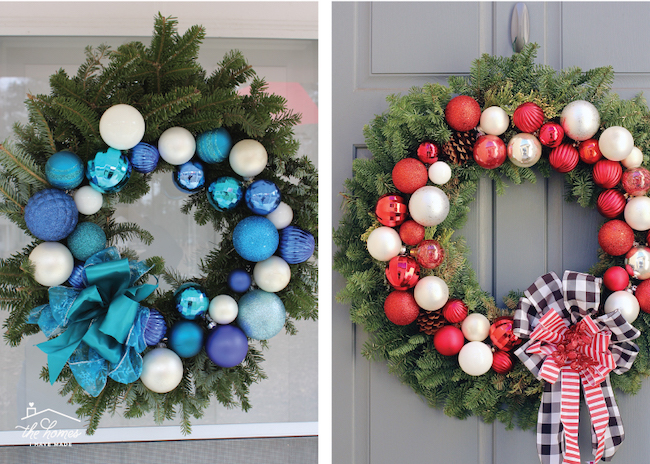 DIY Christmas wreaths with ball ornaments on evergreen wreath
