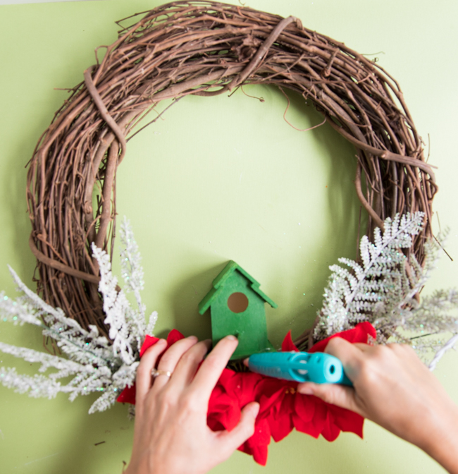 How to glue bird house to wreath