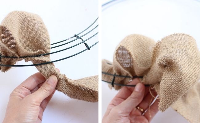 Twisting burlap ribbon for bubble wreath