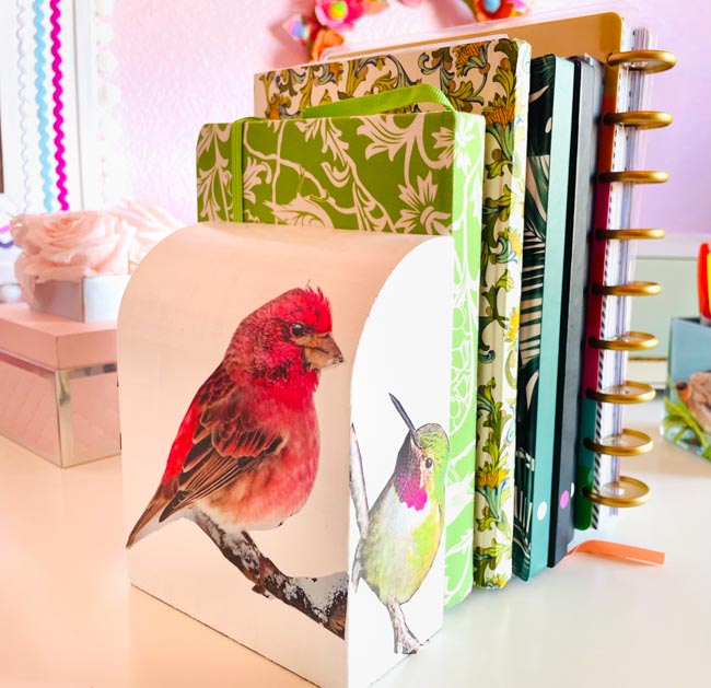 Bookends decorated with pictures of birds