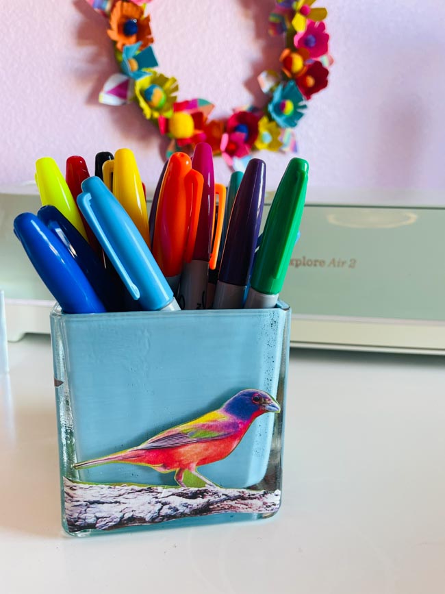 Painted glass vase with bird image