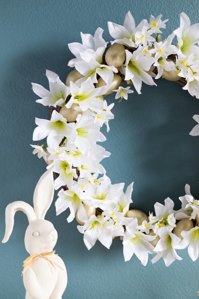 Dollar Tree Easter wreath with lilies and eggs