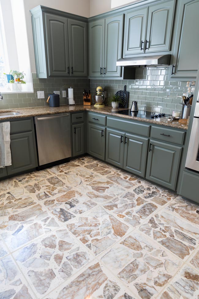 Kitchen with agglomerate terrazzo floor tiles