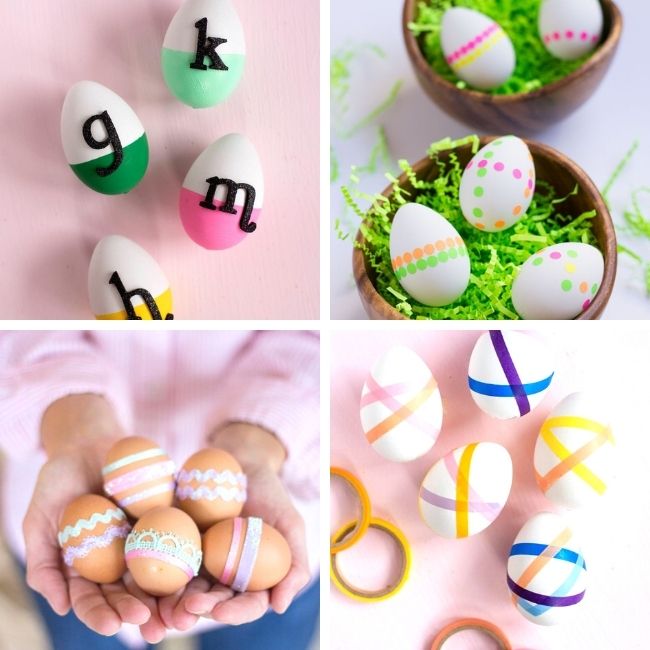 Easter eggs decorated with stickers and tape