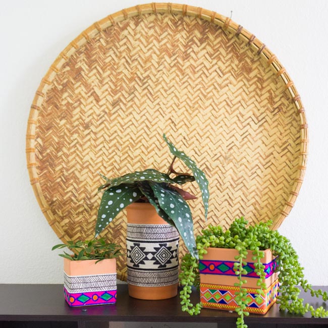 Group of boho planters with houseplants